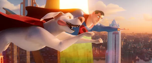 Dwayne Johnson and John Krasinski voice Krypto and Superman in DC's animated film. Courtesy of Warner Bros.