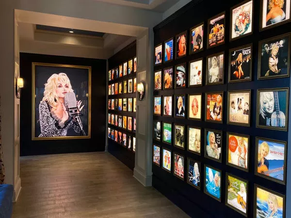 Dolly Parton's albums on display at the Dollywood DreamMore Resort.