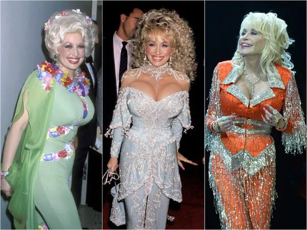 Dolly Parton fashion in 1978, 1989, and 2014.