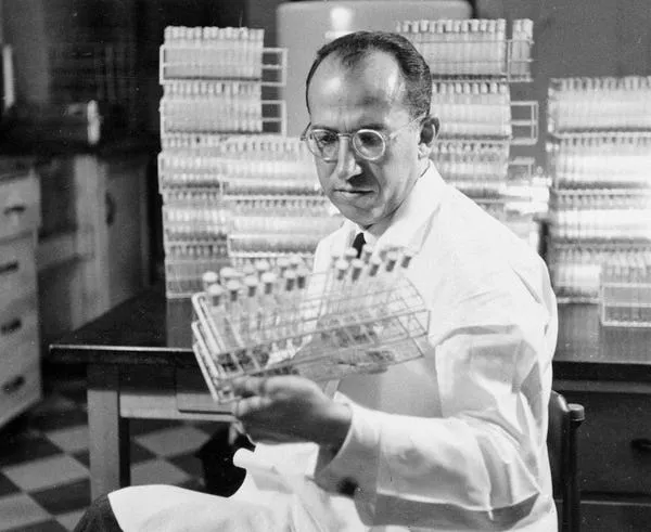 El desarrollador de la vacuna contra la polio, Dr. Jonas Salk en un laboratorio en Pittsburgh, Pennsylvania en 1954. AP Photo