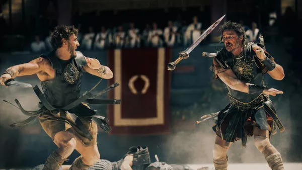 Paul Mescal and Pedro Pascal as Lucius and Marcus Acacius in 'Gladiator II.' Aidan Monaghan/Paramount Pictures