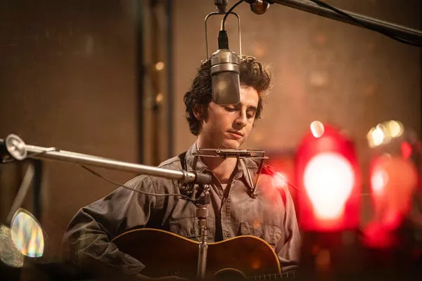 Timothée Chalamet as Bob Dylan in 'A Complete Unknown.' Macall Polay