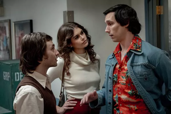 Gabriel LaBelle as Lorne Michaels, Kaia Gerber as Jacqueline Carlin, and Cory Michael Smith as Chevy Chase in 'Saturday Night.'