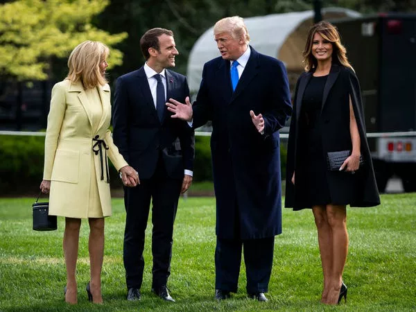 Donald y Melania Trump, Emmanuel Macron, y su esposa en la Casa Blanca en abril de 2018