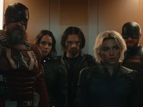 David Harbour as Alexei Shostakov/Red Guardian, Hannah John-Kamen as Ghost, Sebastian Stan as Bucky Barnes, Florence Pugh as Yelena Belova, and Wyatt Russell as John Walker in 'Thunderbolts.' Marvel Studios