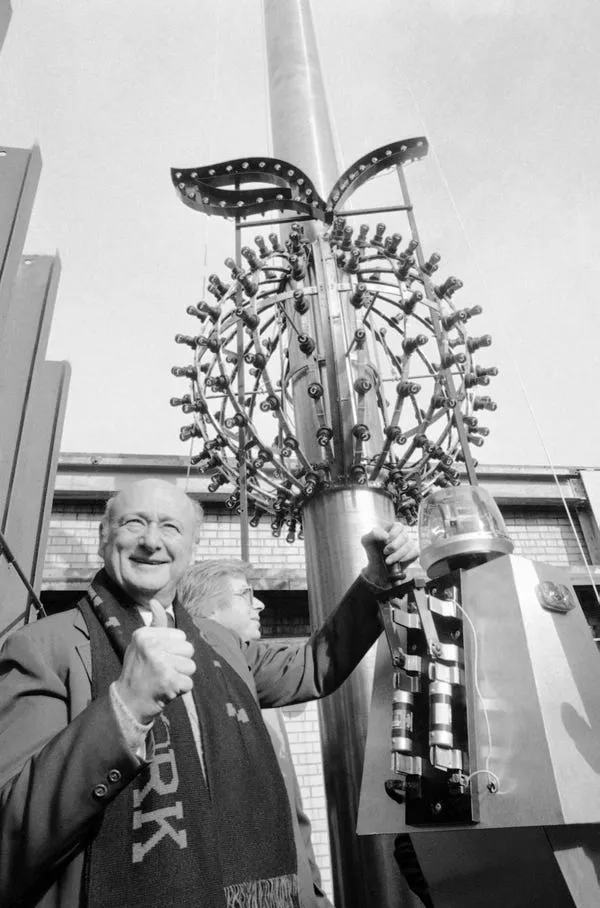 Then-Mayor of New York City Ed Koch tested the "Big Apple Ball" in December 1981. Lederhandler/AP Photo