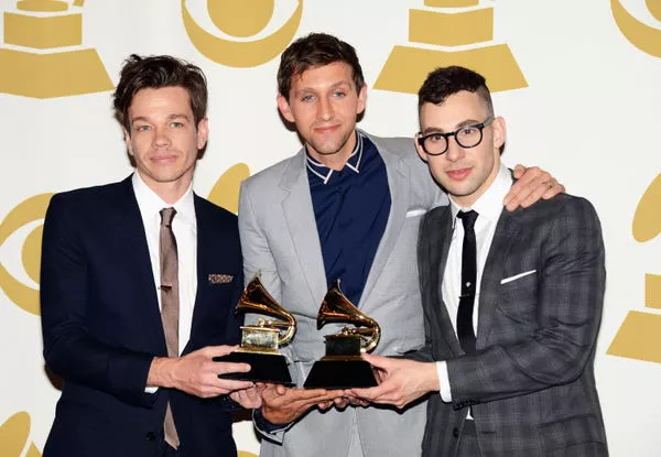 Fun bandmates Nate Ruess, Andrew Dost, and Jack Antonoff pose with their Grammys in 2013