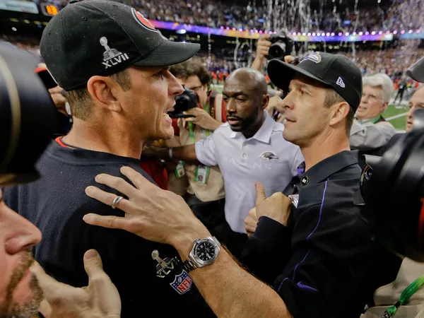 Jim and John Harbaugh at Super Bowl XLVII.