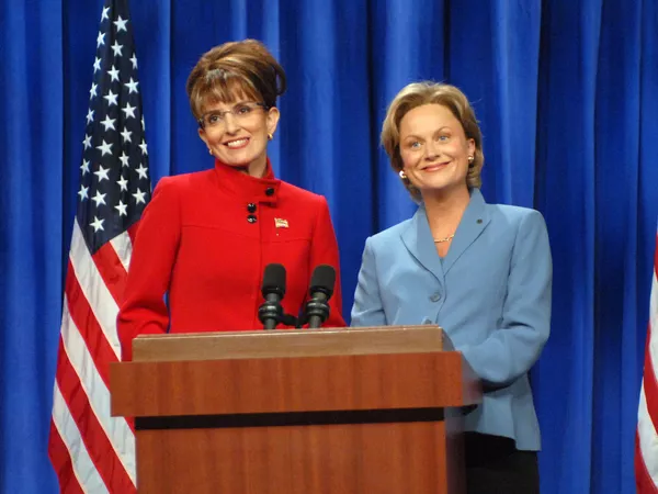 Tina Fey as Gov. Sarah Palin and Amy Poehler as Sen. Hillary Clinton in a 2008 sketch. Dana Edelson/NBCU Photo Bank/NBCUniversal/Getty Images