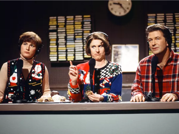 Ana Gasteyer as Margaret Jo McCullin, Molly Shannon as Terry Rialto, and Alec Baldwin as Pete Schweddy during 'The Delicious Dish' sketch in 1998. Mary Ellen Matthews/NBC/NBCU Photo Bank/NBCUniversal/Getty Images