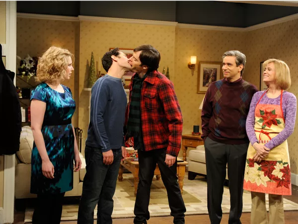 Vanessa Bayer as Amanda, Paul Rudd as Austin Vogelcheck, Bill Hader as Dwayne Vogelcheck, Fred Armisen as Mr. Vogelcheck, and Kristen Wiig as Mrs. Vogelcheck. Dana Edelson/NBCU Photo Bank/NBCUniversal/Getty Images