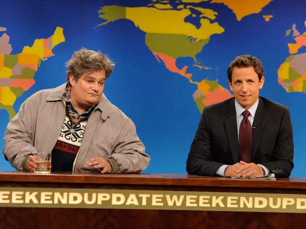 Bobby Moynihan as Drunk Uncle and Seth Meyers during Weekend Update. Dana Edelson/NBCU Photo Bank/NBCUniversal/Getty Images