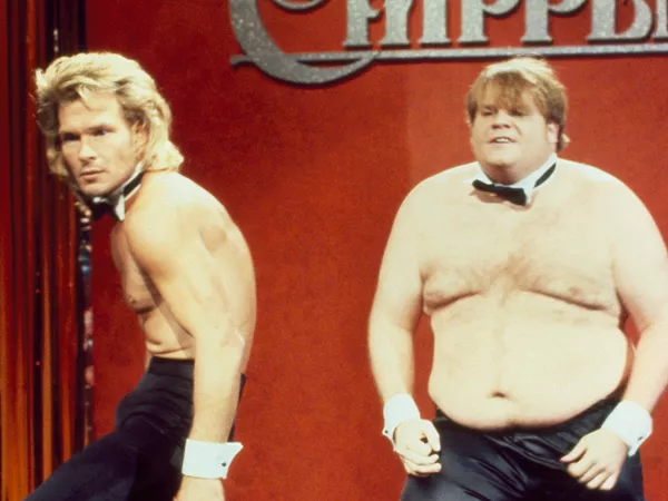 Patrick Swayze as Adrian and Chris Farley as Barney during 'Chippendales Audition.' Al Levine/NBCU Photo Bank/NBCUniversal/Getty Images