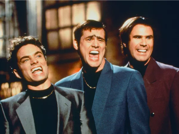 Chris Kattan as Doug Butabi, Jim Carrey, and Will Ferrell as Steve Butabi during 'The Roxbury Guys' in 1996. Al Levine/NBCU Photo Bank/NBCUniversal/Getty Images