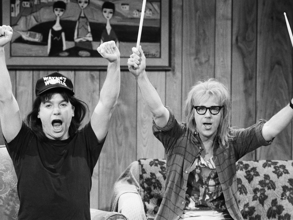 Mike Myers as Wayne Campbell and Dana Carvey as Garth Algar in a 'Wayne's World' sketch in 1991. Alan Singer/NBCU Photo Bank/NBCUniversal/Getty Images