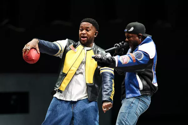 DJ Mustard and Lamar at the 2025 Super Bowl halftime show. Kevin Sabitus/Getty Images