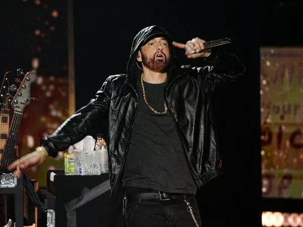 Eminem performs during the 2022 Rock & Roll Hall Of Fame induction ceremony.